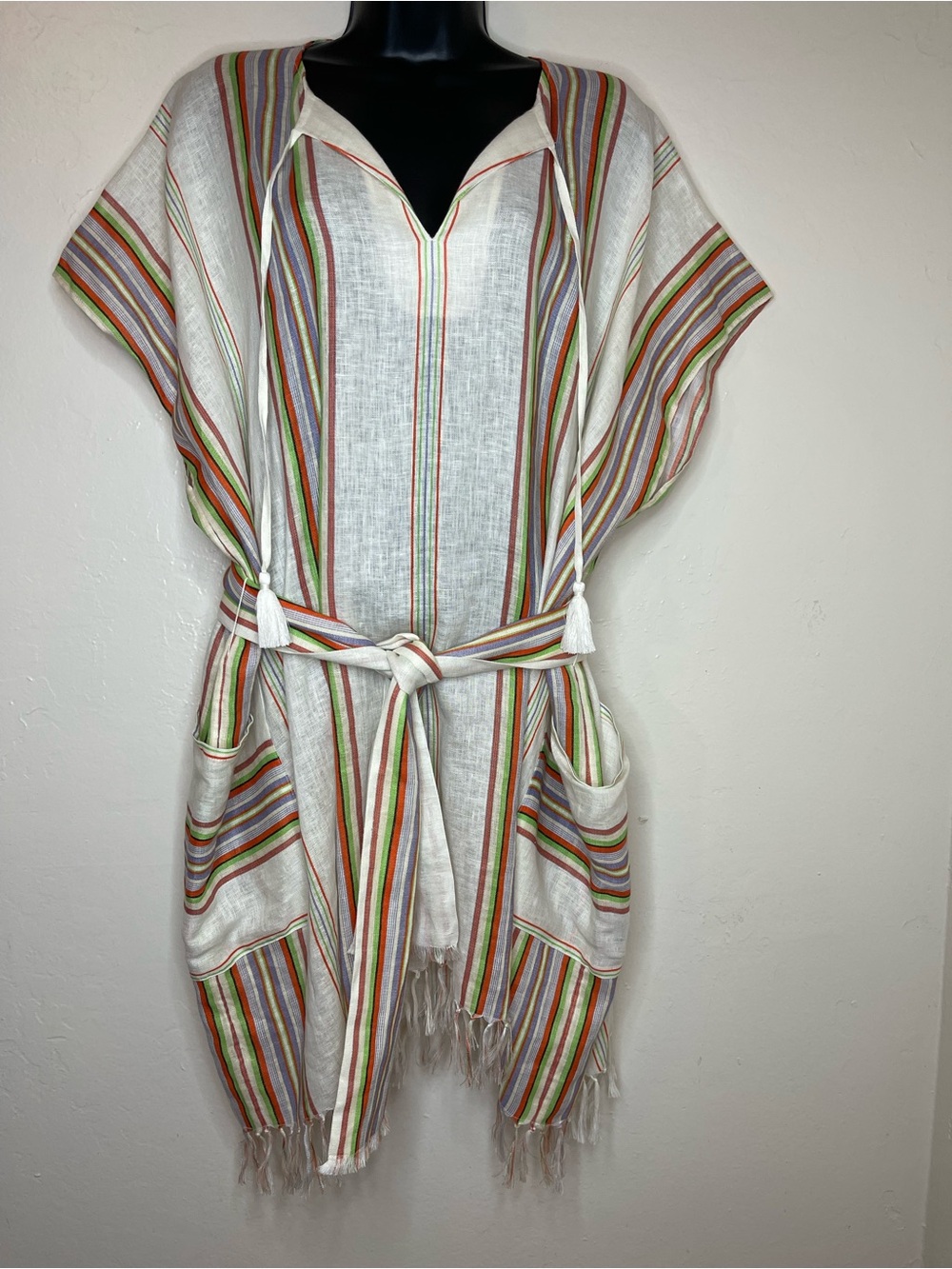 Tory Burch Boho Cream Multicolor Striped Tunic Dress 100% Linen Small Beach